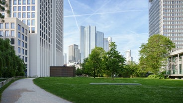 Photo of beautiful aerial view of Frankfurt at sunset Germany financial district skyline.