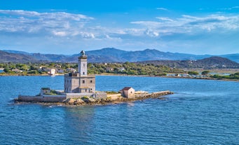 Photo of aerial view of Budoni beach on Sardinia island, Sardinia, Italy.