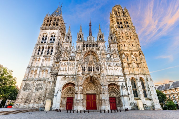 Photo of Rouen, Normandy, France. The west front of the Rouen Cathedral famous for its towers.