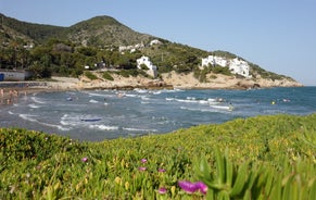 Photo of Sand beach and historical Old Town in mediterranean resort Sitges near Barcelona, Costa Dorada, Catalonia, Spain.