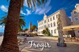 photo of a beautiful panoramic view of Kastel Luksic harbor and landmarks summer view, Split region of Dalmatia, Croatia.