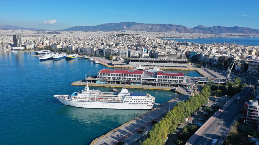 Photo of Aerial drone panoramic photo of famous busy port of Piraeus - OLP area which is the largest in Greece and Mediterranean sea, Attica.