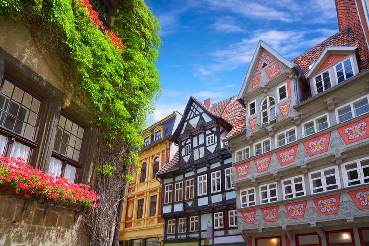 photo of view of Quedlinburg city facades in Harz of Saxony Anhalt Germany.