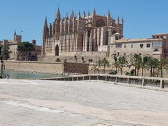 Photo of aerial view of La Seu, the gothic medieval cathedral of Palma de Mallorca in Spain.