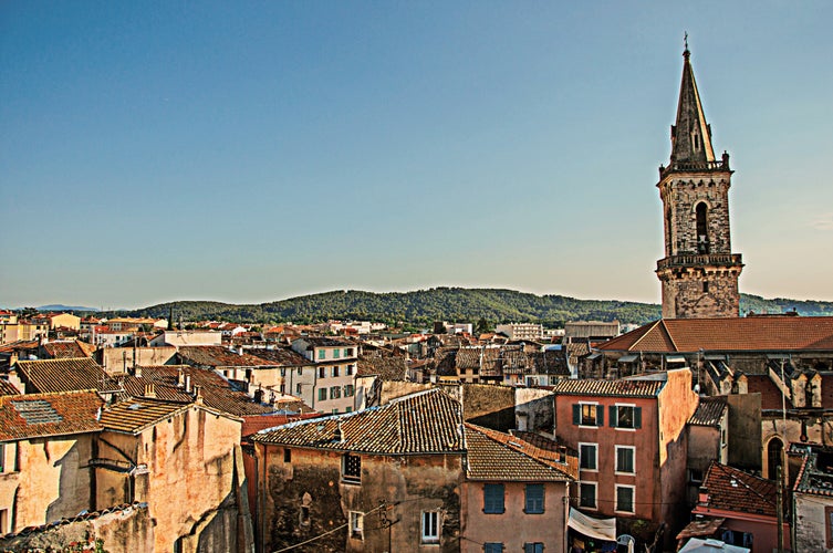 photo of view of View of the lively and gracious town of Draguignan from the hill of the clock tower, under the colorful light of the sunset. Located in the Var department, Provence region, southeastern France.