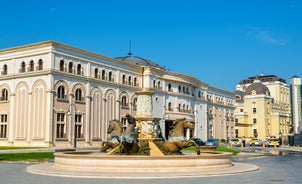 Panoramic view of Skopje town with Vodno hill in the background.