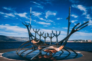 Panoramic view of Reykjavik, the capital city of Iceland, with the view of harbor and mount Esja.