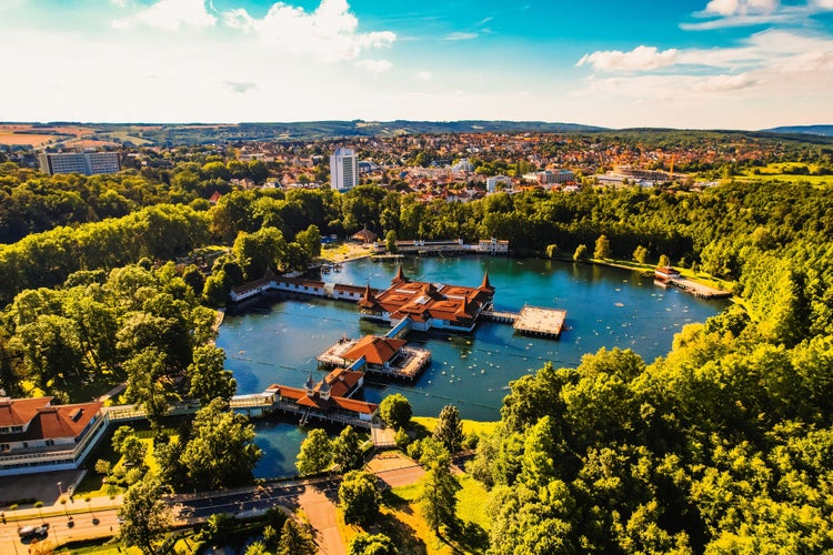 photo of  view of Aerial view of the famous Lake Heviz in Hungary, near the lake Balaton. The largest thermal lake in the world available to bath. Discover the beauties of Hungary.