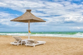 Photo of aerial view of beautiful beach in Mamaia, Romania.