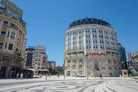 Panoramic view of Skopje town with Vodno hill in the background.