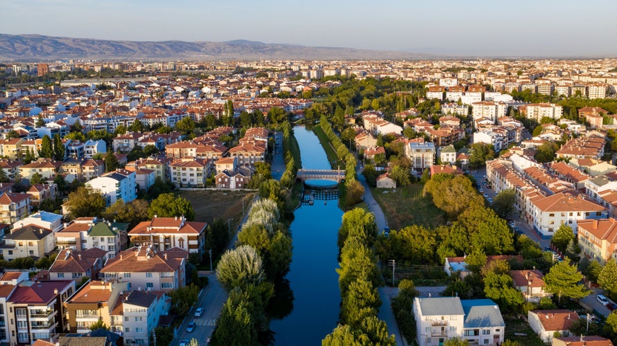 Aerial view of Eskişehir,TURKEY.River and streets in Eskişehir.Aerial