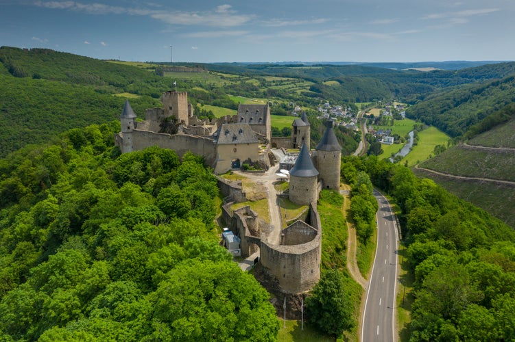 Photo of Bourscheid castle at Luxembourg seen from above.