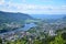 Beautiful landscape of the Drammen city with river and the mountains in Norway. Blue sky background.