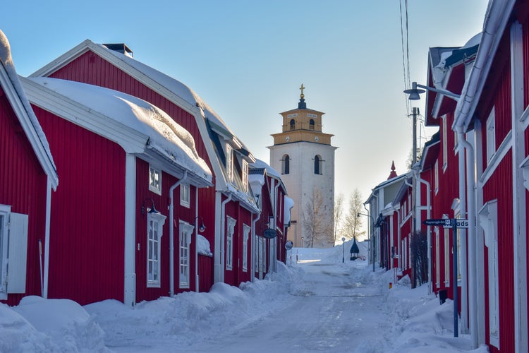 Rows with red huts in Gammelstad church town located near the Swedish town Lulea. 