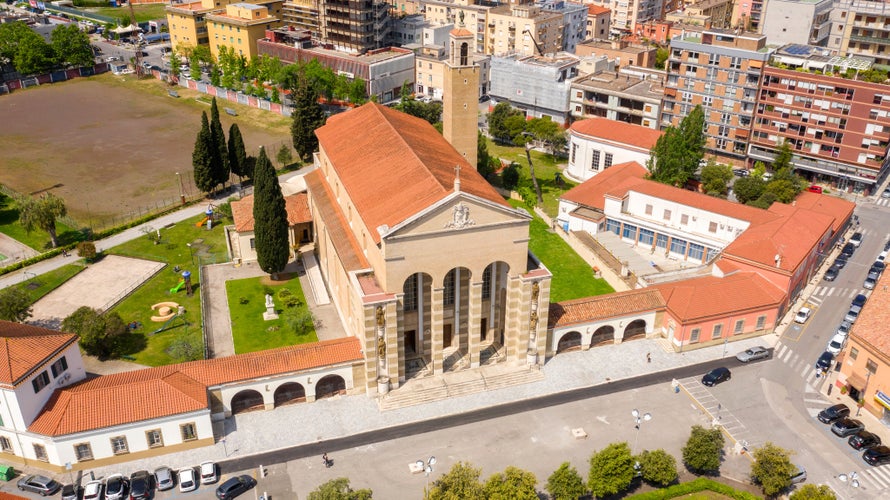 Photo of aerial view of Latina Cathedral. The church is dedicated to Saint Mark and located in the centre of the city of Latina, Lazio, Italy.