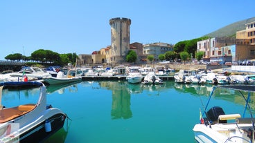 Photo of aerial view of beautiful coastal landscape with old town of Gaeta, Italy.