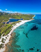 Photo of aerial view of Budoni beach on Sardinia island, Sardinia, Italy.