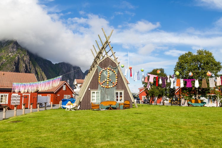 Decorated rorbu or fisherman's house in Svolvaer Lofoten Islands in Norway.