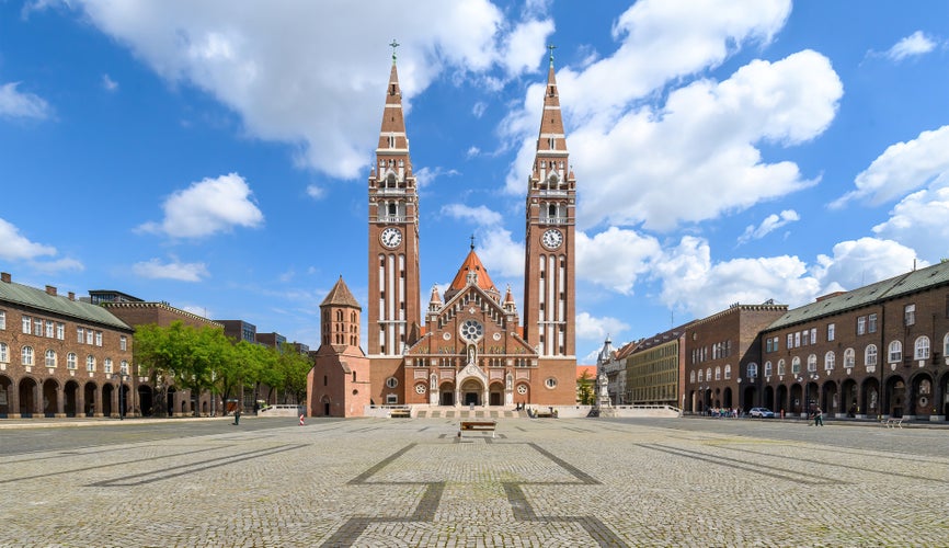 photo of view of Panorama of the Votive Church and Cathedral of Our Lady of Hungary in Szeged, Hungary.