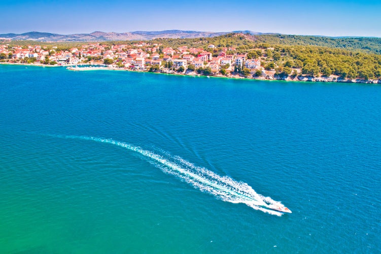 Photo of Brodarica village on Adriatic sea aerial waterfront view, Sibenik archipelago of Dalmatia, Croatia.