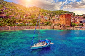 Photo of Kizil Kule or Red Tower and port aerial panoramic view in Alanya city, Antalya Province on the southern coast of Turkey.