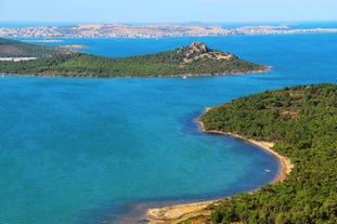 Photo of aerial view of Foca, the beautiful and charming holiday town of Izmir, Turkey.