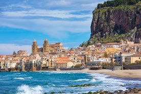 Photo of view of Cefalu and Promontorio de Torre Caldura seen from Norman Castle, La Rocca park, Italy.