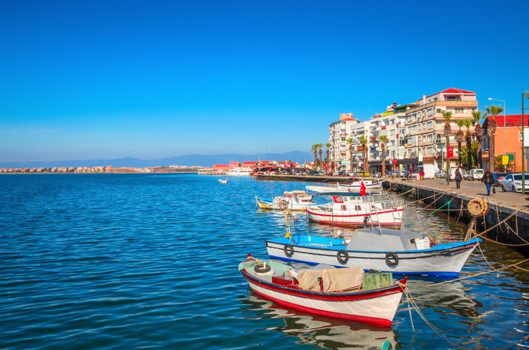 Beautiful sea landscape with boats in city Ayvalik, Turkey.