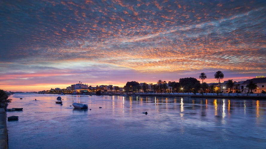 Breathtaking Orange Blue Sky at Dusk Guadalete River Puerto de Santa Maria Cadiz Spain.