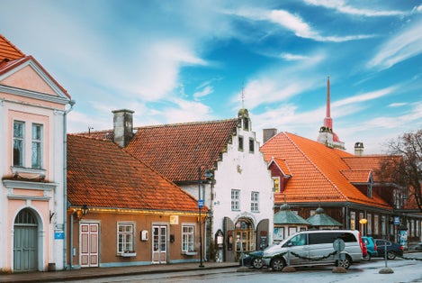 Photo of old Gross Weight Storage Building House Near Market In Tallinna Street, Kuressaare, Saaremaa Island, Estonia.