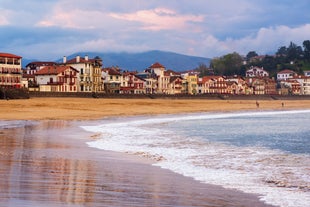 photo of an aerial view above Saint-Jean-de-Luz is a fishing town at the mouth of the Nivelle river, in southwest France’s Basque country. 