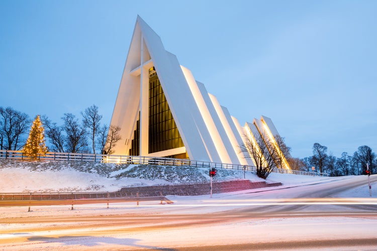 Tromso Arctic Cathedral Church in Norway at dusk twilight.