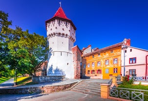 Photo of the Small Square piata mica, the second fortified square in the medieval Upper town of Sibiu city, Romania.