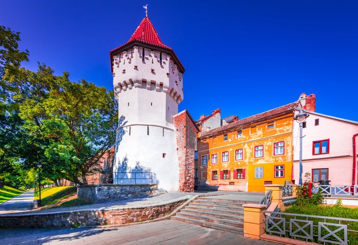 Sibiu, Romania. Medieval Carpenters Tower in downtown of the largest saxon city of Transylvania