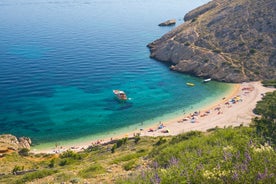 Photo of panoramic aerial view of Baska town, Krk, Croatia.