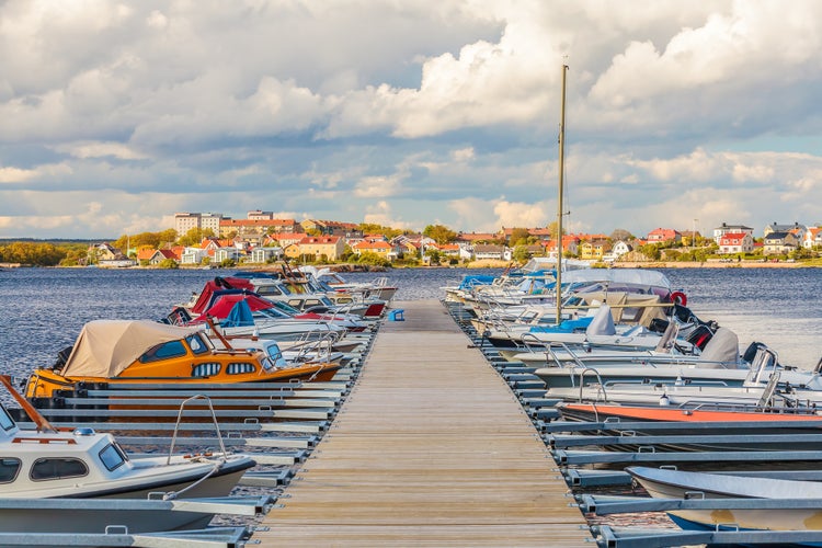 photo of recreational boats in the harbor of the Swedish city of Karlskrona during summer in Blekinge County.