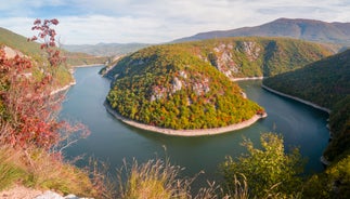 Photo of aerial view of Konjic and river Neretva, Bosnia and Herzegovina.