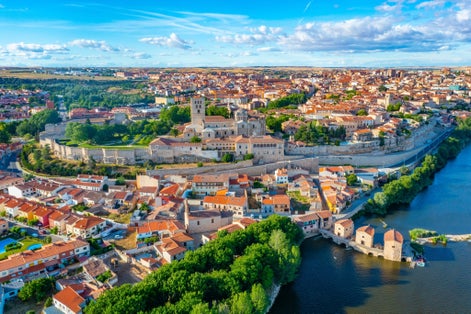 photo of aerial panoramic view of the Spanish city of Zamora with Cathedral of Zamora in Spain.