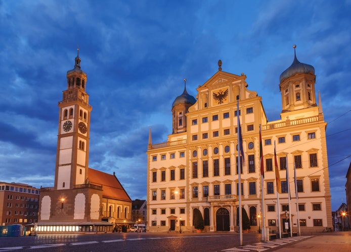 photo of view  of Perlach Tower (Perlachturm) and Town Hall (Augsburger Rathaus) at Rathausplatz Augsburg Swabia Bavaria Germany