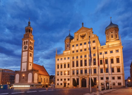 photo of view  of Perlach Tower (Perlachturm) and Town Hall (Augsburger Rathaus) at Rathausplatz Augsburg Swabia Bavaria Germany