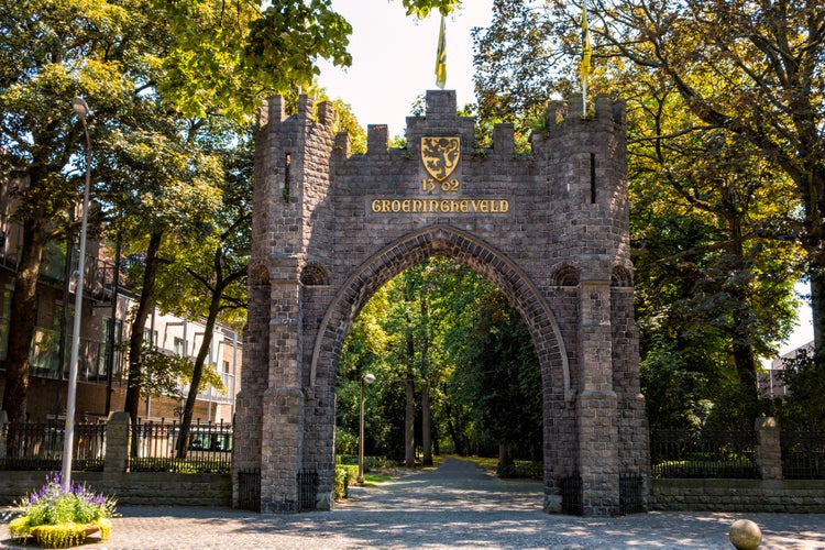 Groeningegate, a triumphal arch (1906) at the former Groeningefield where the Battle of the Golden Spurs (Guldensporenslag) was fought July 11 1302. Kortrijk, Flanders, Belgium