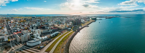 Photo of aerial view of Stykkishólmur village in northwestern Iceland.