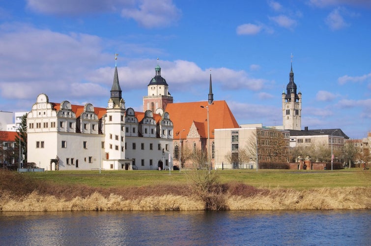 Photo of view of the elbe river with dessau town .