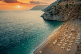 Photo of majestic panoramic aerial view of seaside resort city of Kas in Turkey.