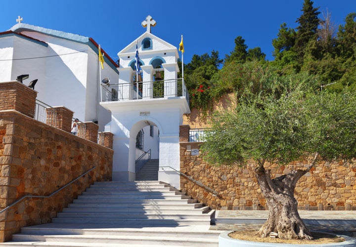 Photo of Greece. Old olive tree at the entrance to the church of St. Nicholas in the port town of Katakolon (Olympia).