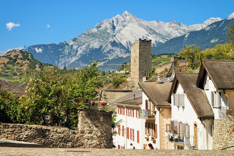 Photo of old city street and Majorie Castle in Sion, Canton Valais, Switzerland.