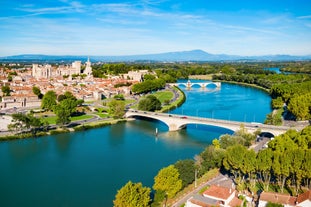 Photo of aerial view of Triumphal Arch or Arc de Triomphe in Montpellier city in France.