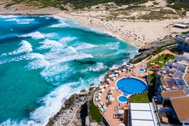 Photo of aerial view of Cala Agulla and beautiful coast at Cala Ratjada, Mallorca, Spain.