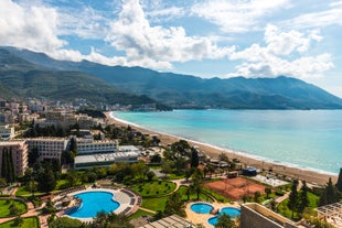 Photo of panoramic aerial view of old town of Budva, Montenegro.