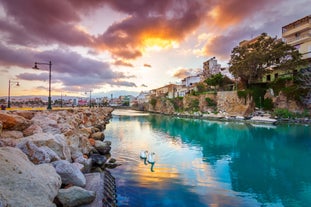 Photo of aerial view of the port in Agios Nikolaos, famous travel destination of Crete, Greece.